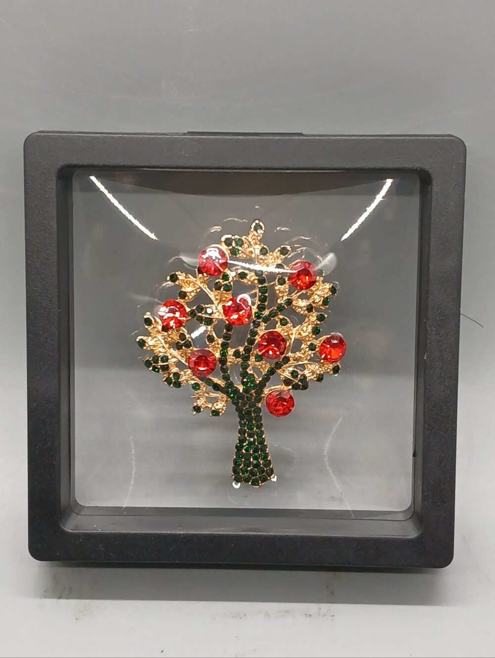 Hand Crafted Gold-Tone Tree Brooch with Red and Dark Green Accents